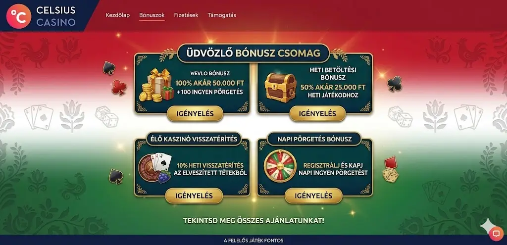 Celsius Casino bonus – üdvözlő csomag és free spins