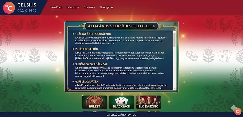 Celsius Casino felhasználási feltételek